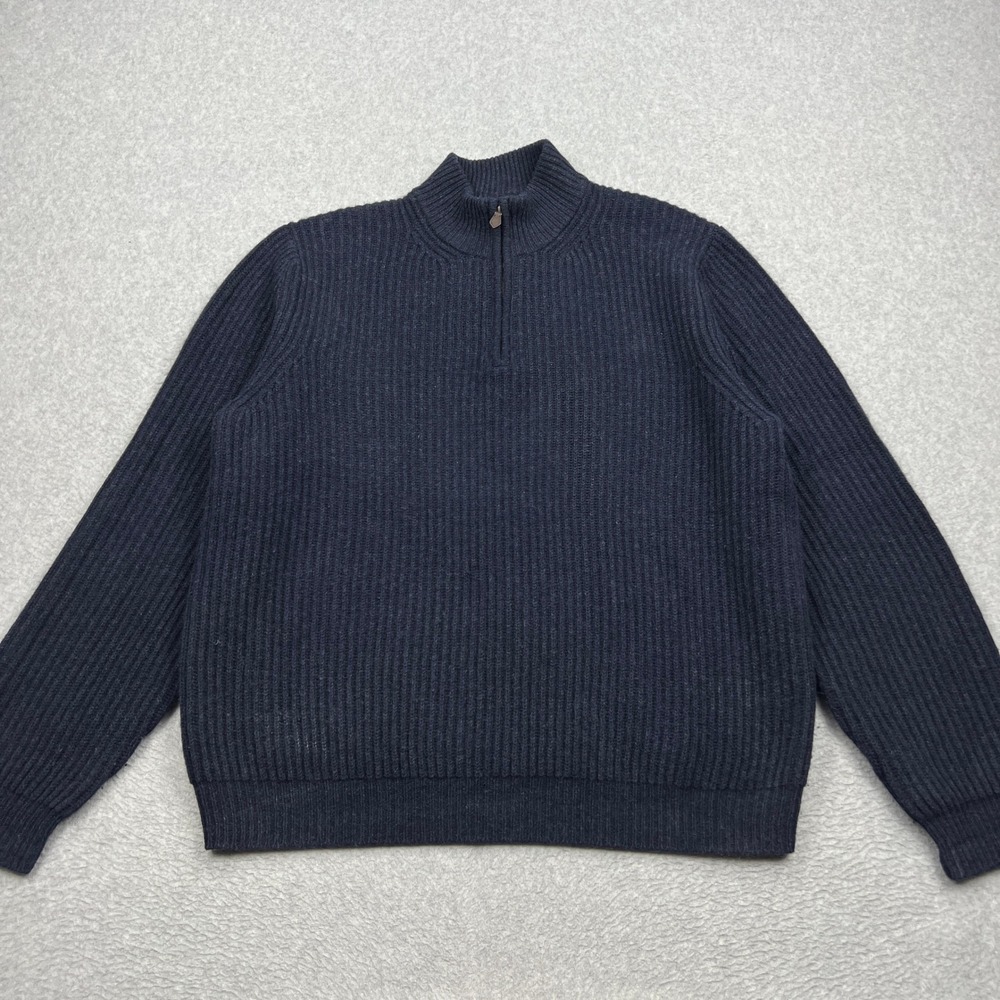 Brooks Brothers 1/4 Zip Sweater Mens XL Navy Blue Ribbed Scottish 100% Lambswool